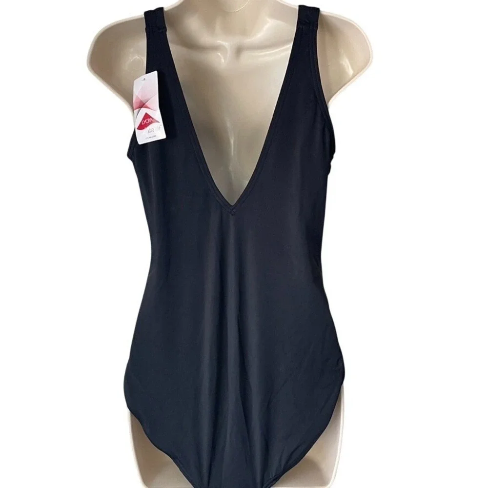 Lands' End Tugless V Neck‎ High Leg One Piece Swimsuit 12P Black NWOT